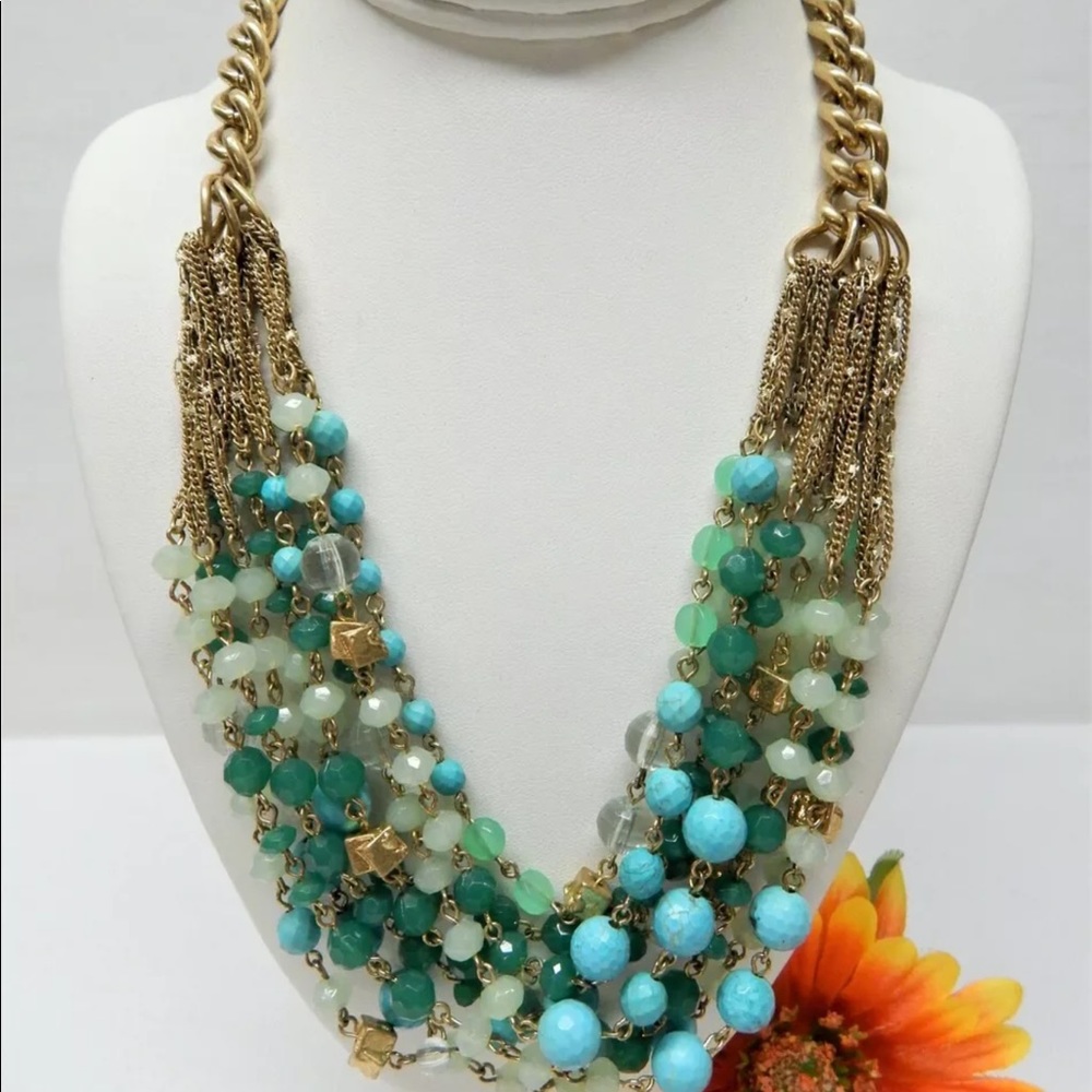 Stella & Dot. Gold Tone Howlite & Crystal Multi Bead Necklace. 20” - Picture 1 of 2